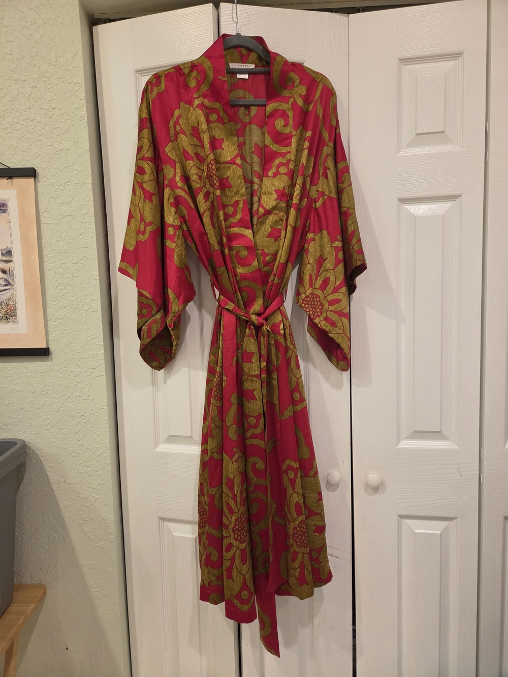 Vintage Natori Private Collection Red and Gold Floral Kimono Wrap Dress